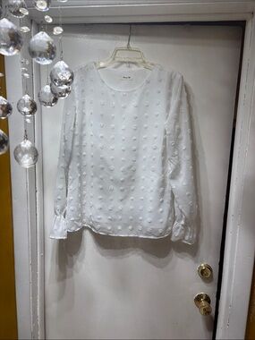 Textured White Swiss Dot Long-Sleeve Blouse - Women